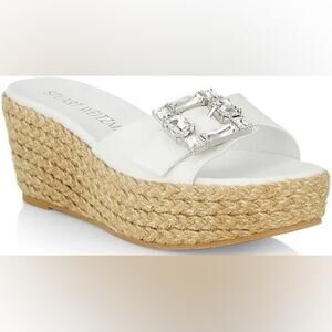 Stuart Weitzman Saint Tropez Crystal Buckle Slide Espadrille Wedge Sandals NWOB